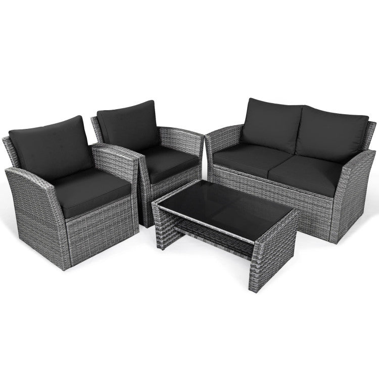 4 Pieces Outdoor Patio Rattan Furniture Set Sofa Table with Storage Shelf and Cushion