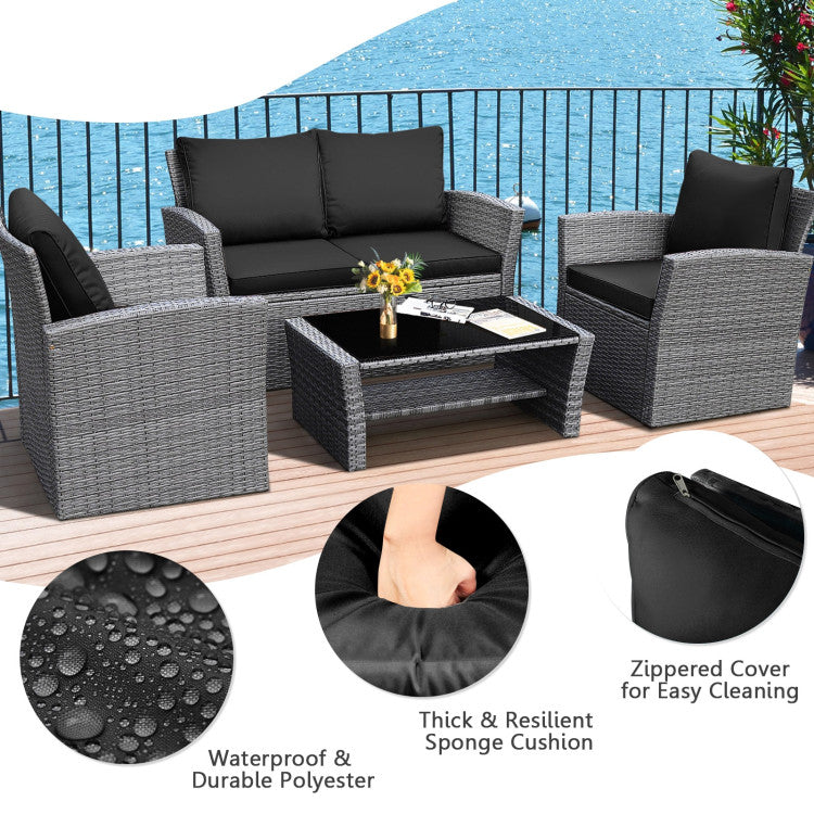 4 Pieces Outdoor Patio Rattan Furniture Set Sofa Table with Storage Shelf and Cushion