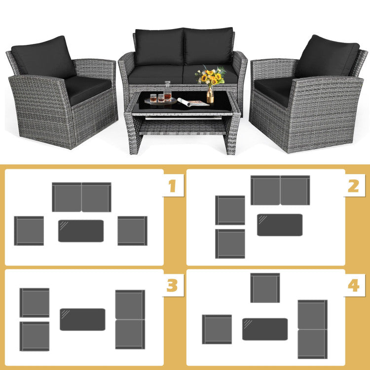 4 Pieces Outdoor Patio Rattan Furniture Set Sofa Table with Storage Shelf and Cushion