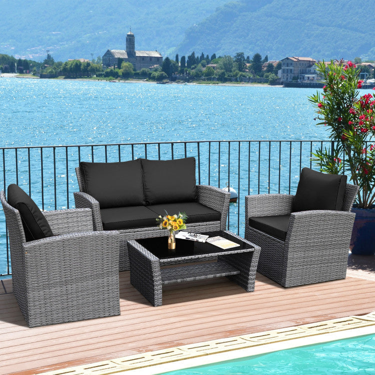 4 Pieces Outdoor Patio Rattan Furniture Set Sofa Table with Storage Shelf and Cushion