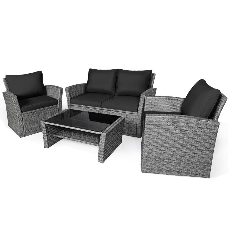 4 Pieces Outdoor Patio Rattan Furniture Set Sofa Table with Storage Shelf and Cushion