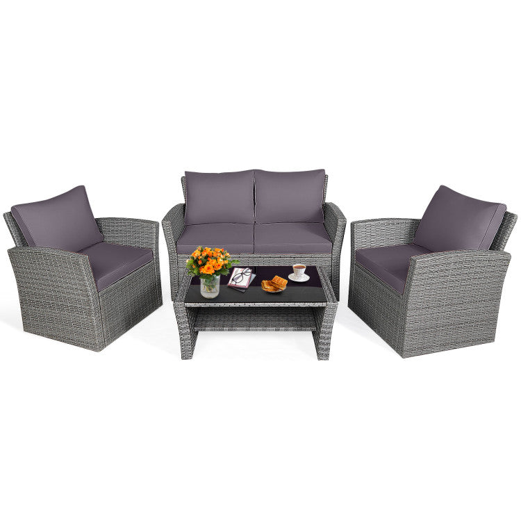 4 Pieces Outdoor Patio Rattan Furniture Set Sofa Table with Storage Shelf and Cushion