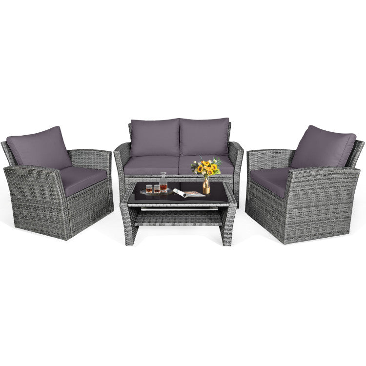 4 Pieces Outdoor Patio Rattan Furniture Set Sofa Table with Storage Shelf and Cushion