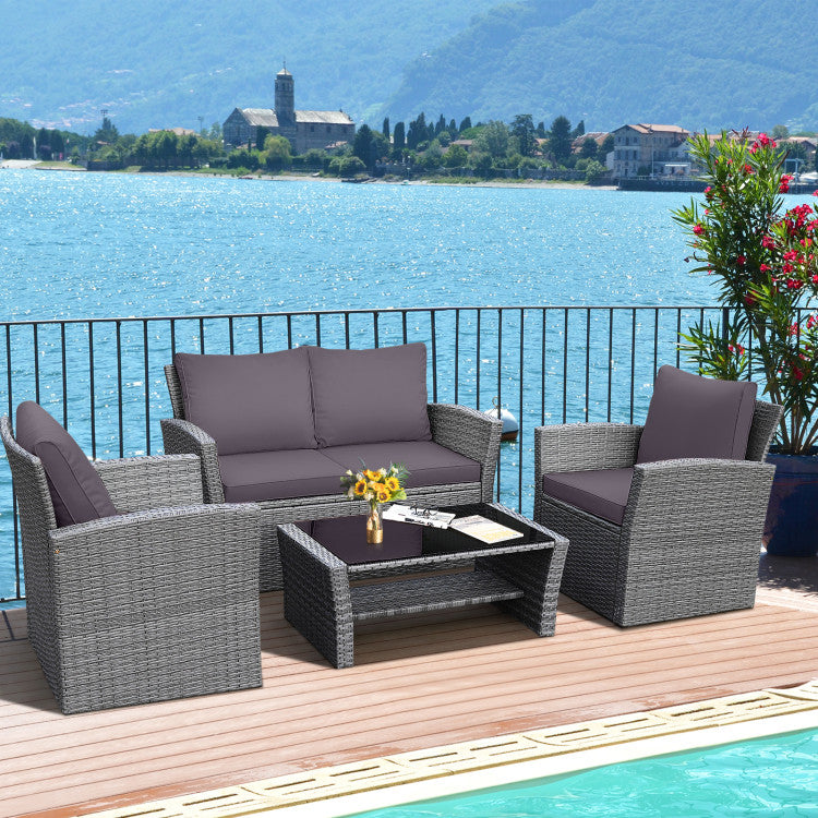 4 Pieces Outdoor Patio Rattan Furniture Set Sofa Table with Storage Shelf and Cushion