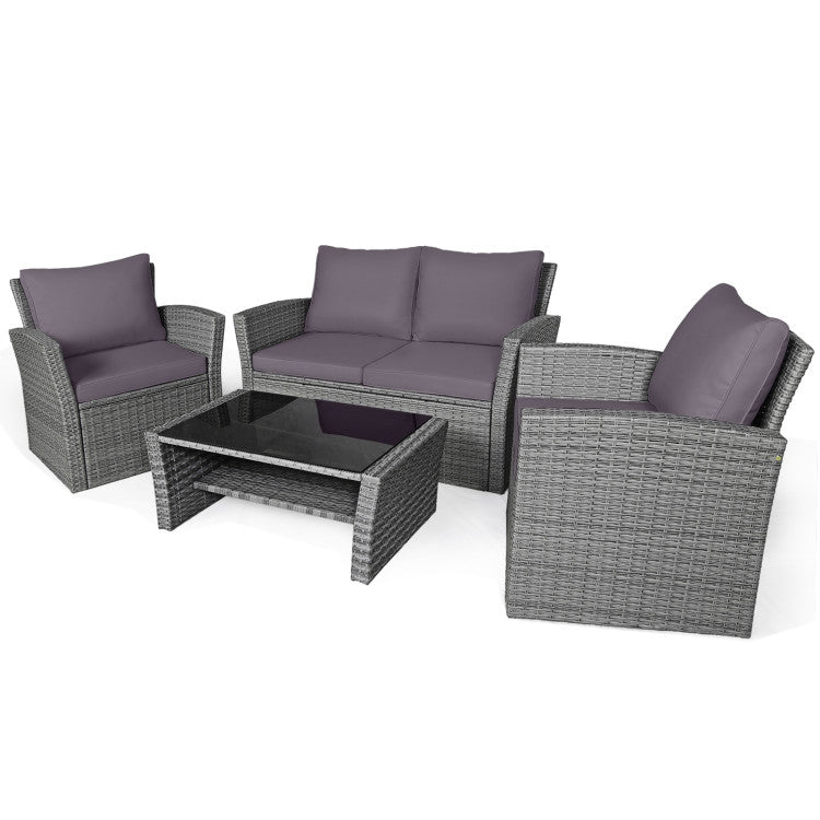 4 Pieces Outdoor Patio Rattan Furniture Set Sofa Table with Storage Shelf and Cushion