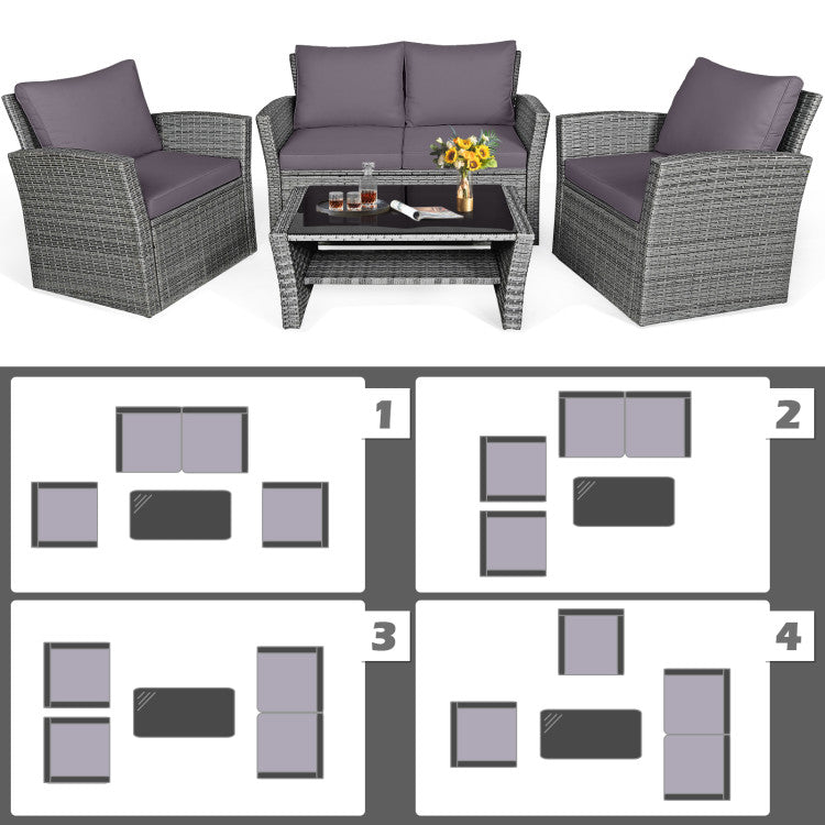 4 Pieces Outdoor Patio Rattan Furniture Set Sofa Table with Storage Shelf and Cushion