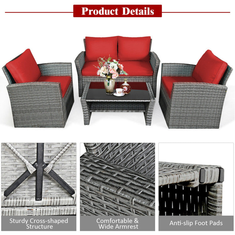 4 Pieces Outdoor Patio Rattan Furniture Set Sofa Table with Storage Shelf and Cushion