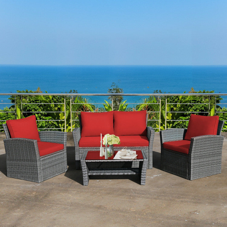 4 Pieces Outdoor Patio Rattan Furniture Set Sofa Table with Storage Shelf and Cushion