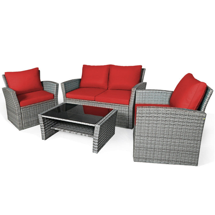 4 Pieces Outdoor Patio Rattan Furniture Set Sofa Table with Storage Shelf and Cushion