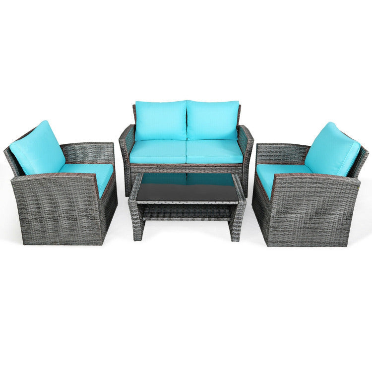 4 Pieces Outdoor Patio Rattan Furniture Set Sofa Table with Storage Shelf and Cushion