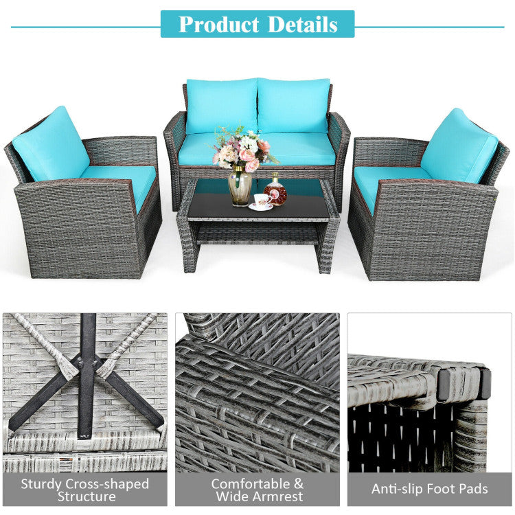 4 Pieces Outdoor Patio Rattan Furniture Set Sofa Table with Storage Shelf and Cushion