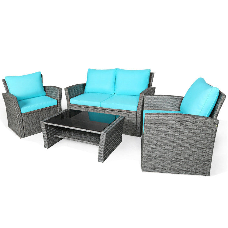 4 Pieces Outdoor Patio Rattan Furniture Set Sofa Table with Storage Shelf and Cushion