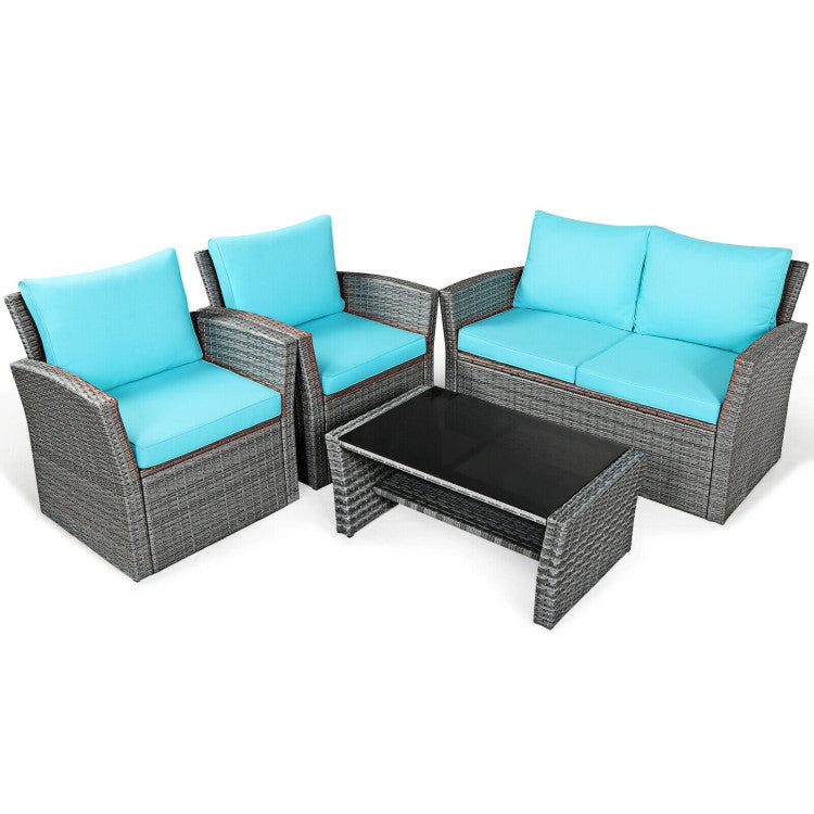 4 Pieces Outdoor Patio Rattan Furniture Set Sofa Table with Storage Shelf and Cushion