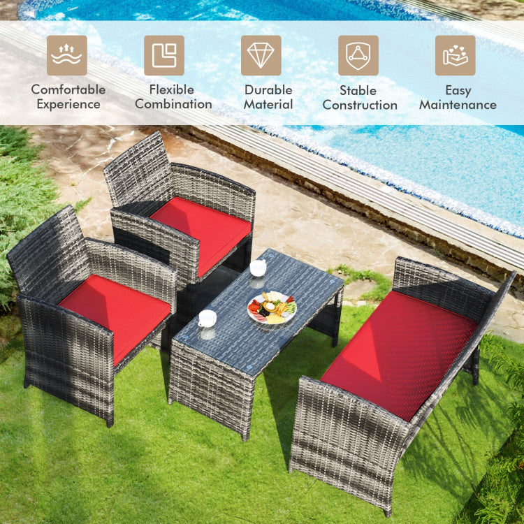 4 Pieces Patio Rattan Furniture Set with Glass Table and Loveseat