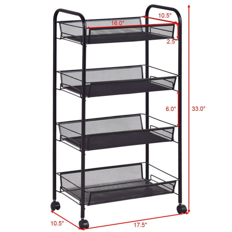 4-Tier Storage Rack Trolley Cart with Rolling Wheels for Bar and Kitchen