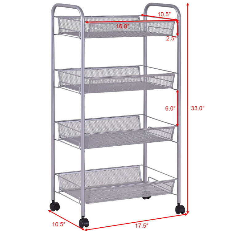 4-Tier Storage Rack Trolley Cart with Rolling Wheels for Bar and Kitchen