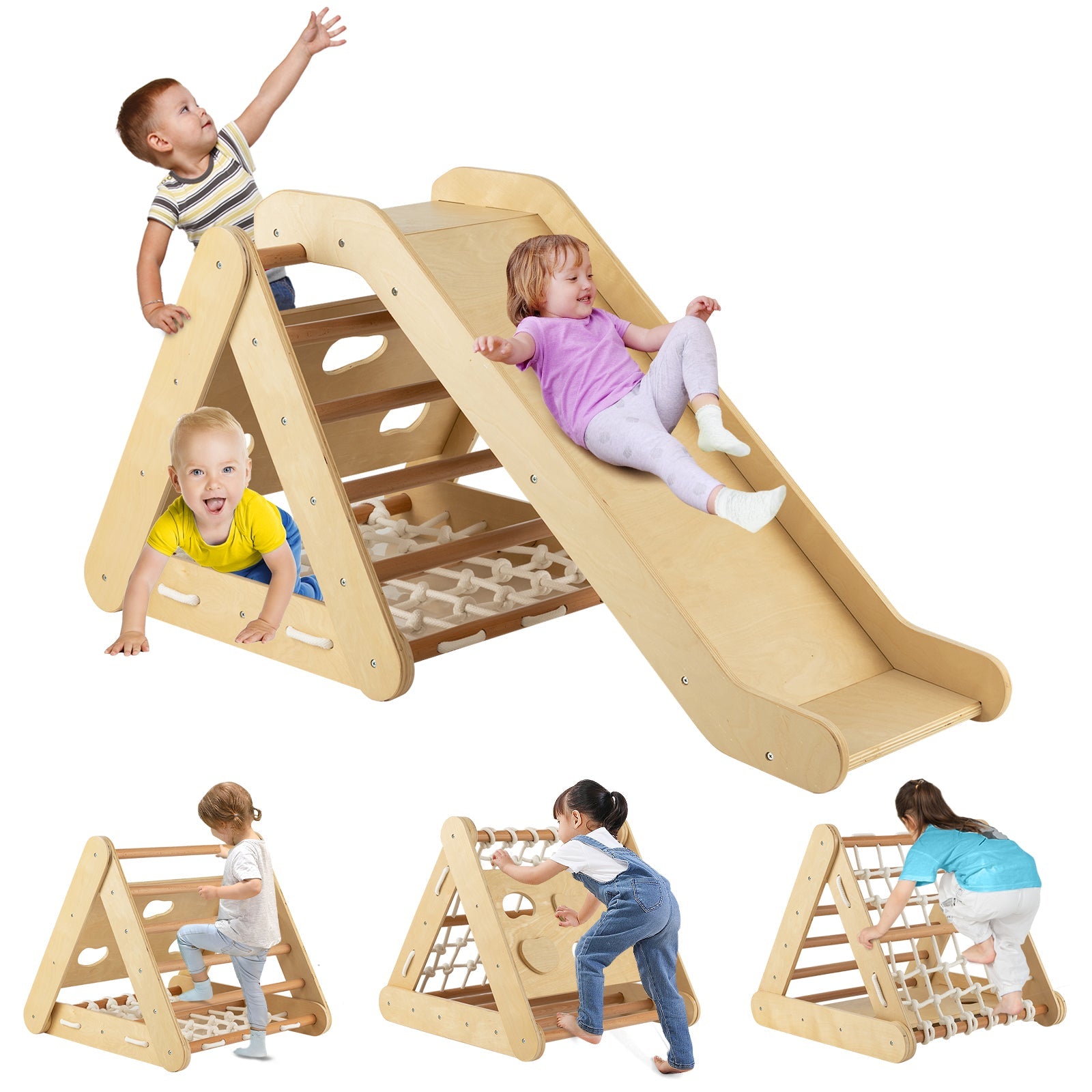 4 in 1 Triangle Kids Climber Toy with Sliding Board and Climbing Net