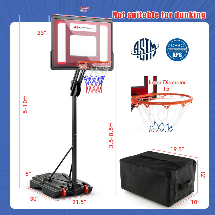 5-10 Feet Adjustable Height Basketball Hoop with Fillable Base and Wheels