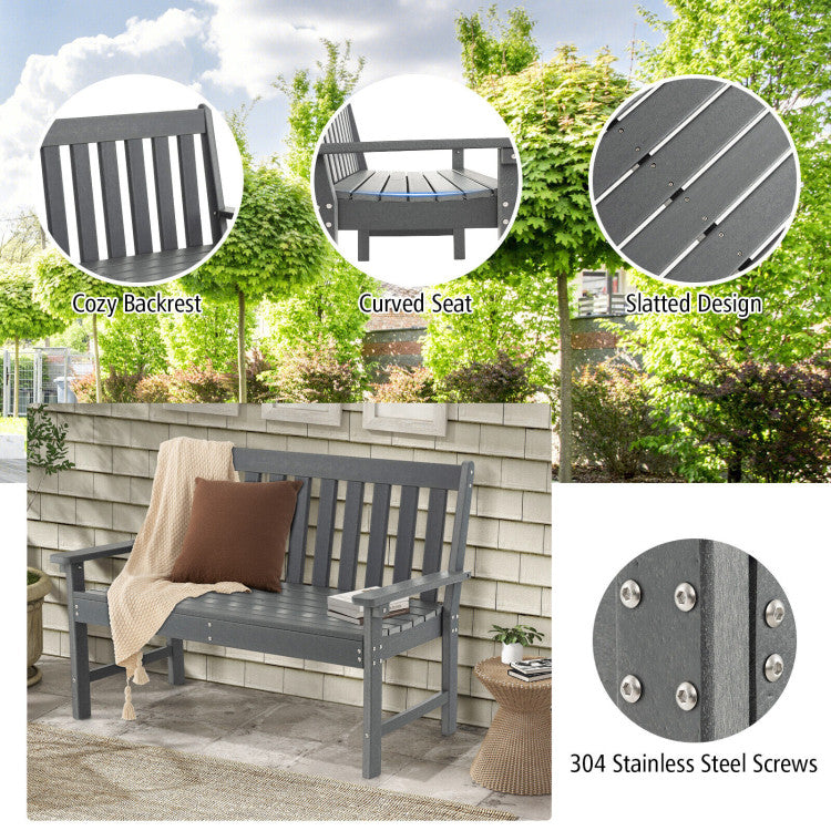 52 Inch HDPE Outdoor Patio Bench with Backrest and Armrests