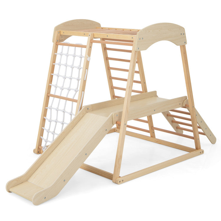 6-in-1 Indoor Jungle Gym Kids Wooden Playground Climbing Slide with Monkey Bars