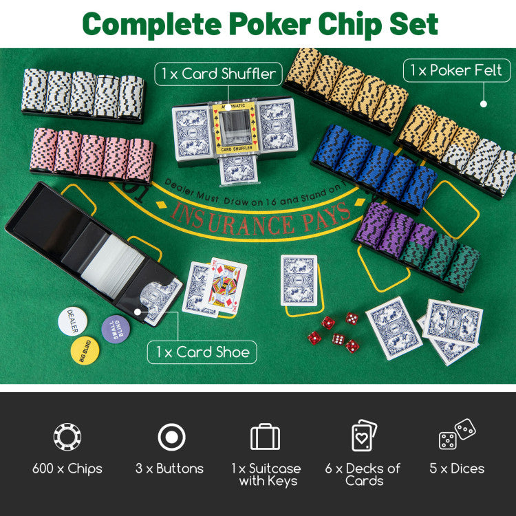 600-Piece Poker Chip Set 14 Gram Claytec Chips with Carrying Case and Card Shuffler