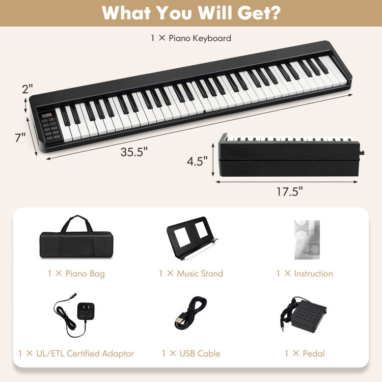 61-Key Folding Piano Keyboard with Rechargeable Lithium Battery and Music Stand