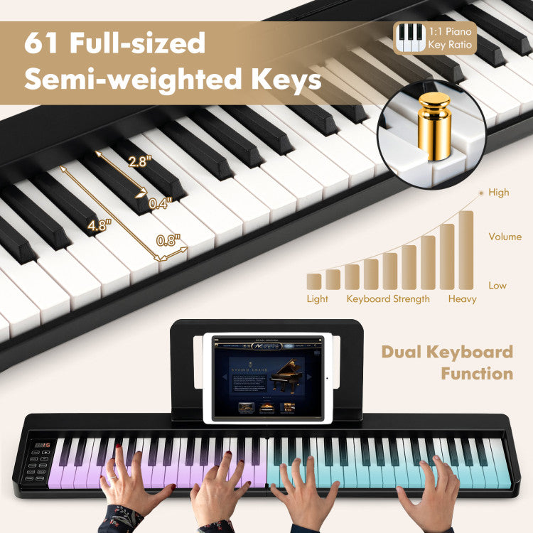 61-Key Folding Piano Keyboard with Rechargeable Lithium Battery and Music Stand