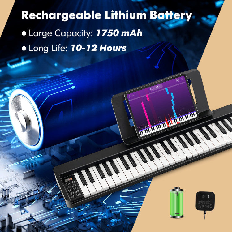 61-Key Folding Piano Keyboard with Rechargeable Lithium Battery and Music Stand