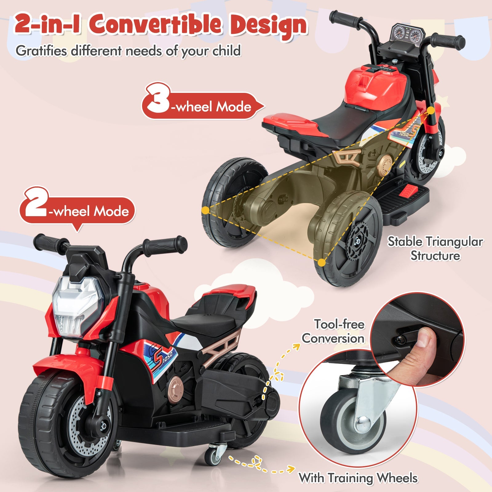 6V Battery Powered Kids Ride-on Motorcycle with Detachable Training Wheels