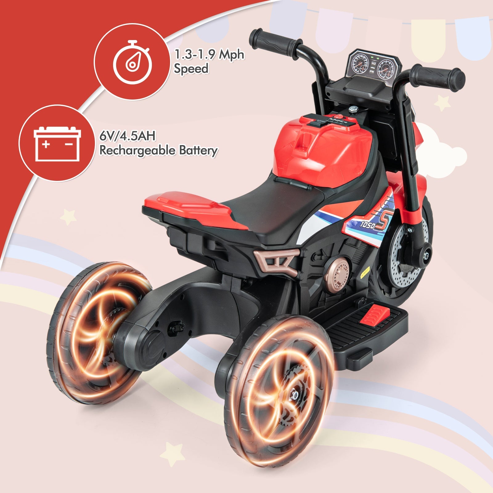 6V Battery Powered Kids Ride-on Motorcycle with Detachable Training Wheels