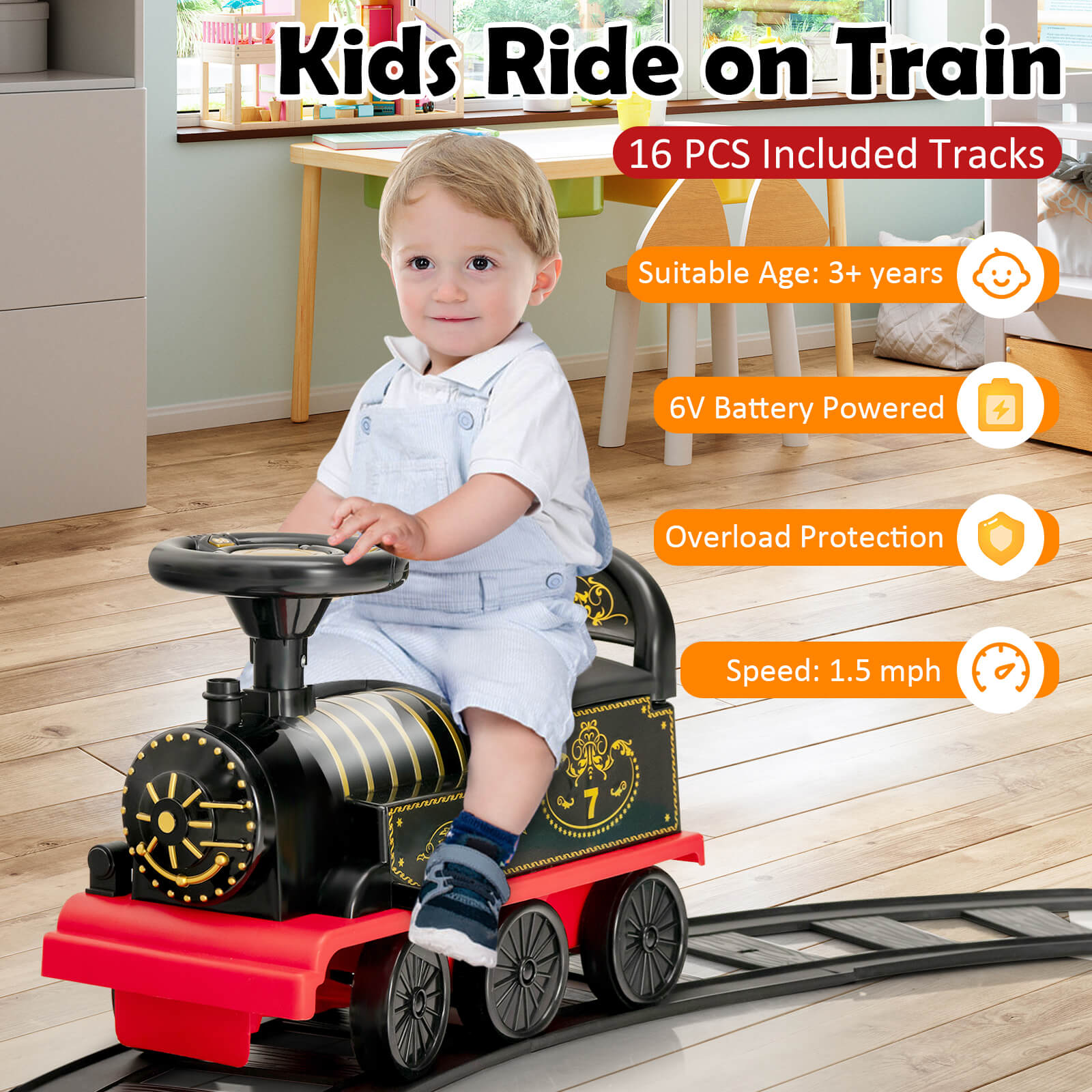 6V Electric Kids Ride On Car Toy Train with 16 Pieces Tracks