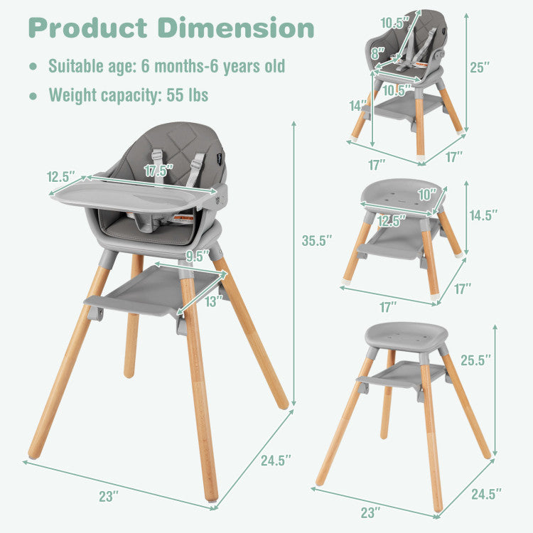 6 in 1 Convertible Nursery Highchair with Safety Harness and Removable Tray