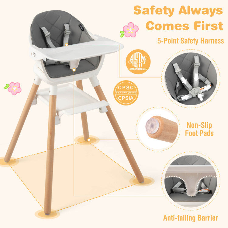 6 in 1 Convertible Nursery Highchair with Safety Harness and Removable Tray