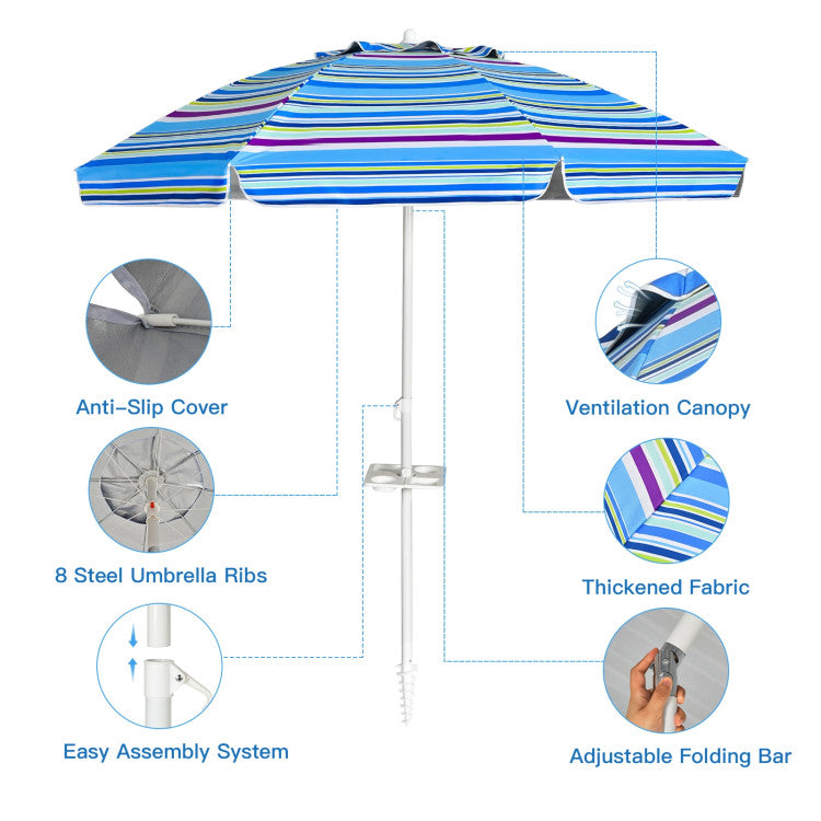 7.2 Feet Portable Outdoor Beach Umbrella with Sand Anchor and Tilt Mechanism