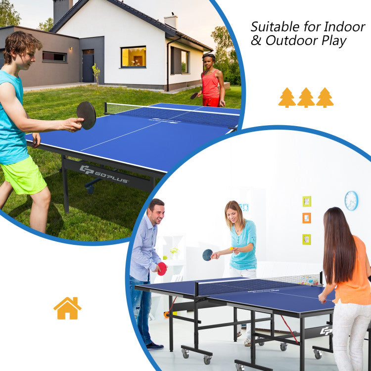 9 x 5 Feet Foldable Table Tennis Table with Accessories and Wheels