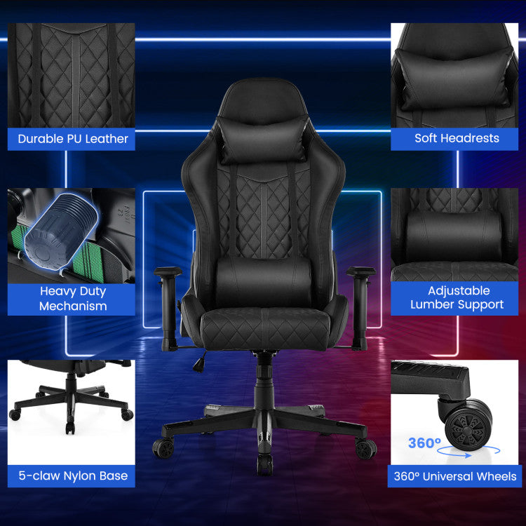 Adjustable 360° Swivel PU Gaming Chair with RGB LED Lights for Home and Office