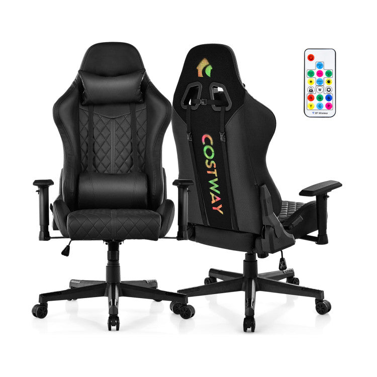 Adjustable 360° Swivel PU Gaming Chair with RGB LED Lights for Home and Office