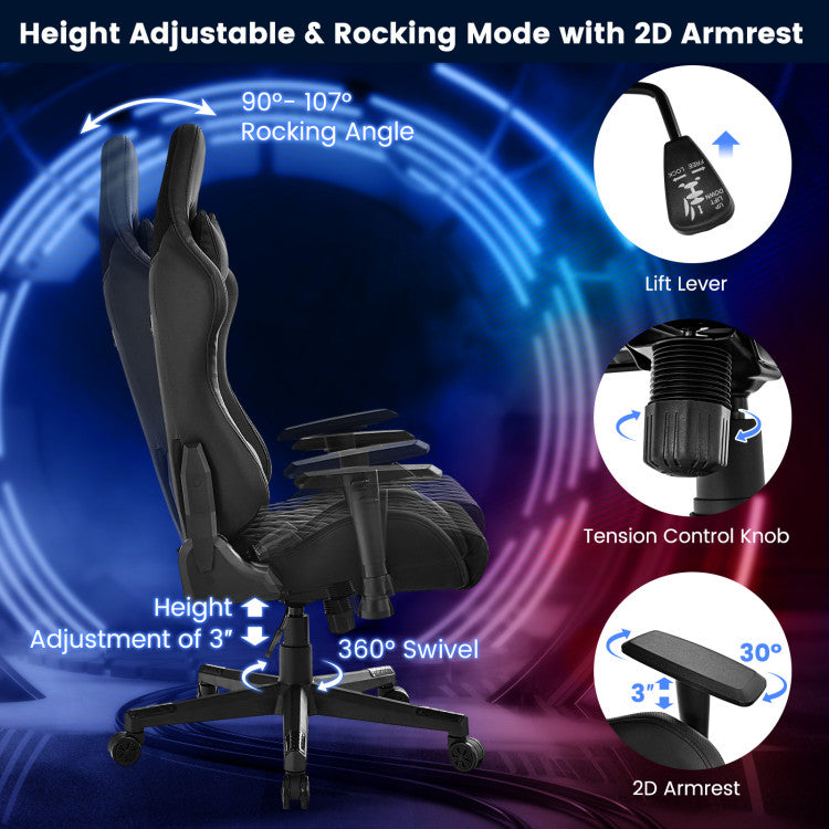 Adjustable 360° Swivel PU Gaming Chair with RGB LED Lights for Home and Office