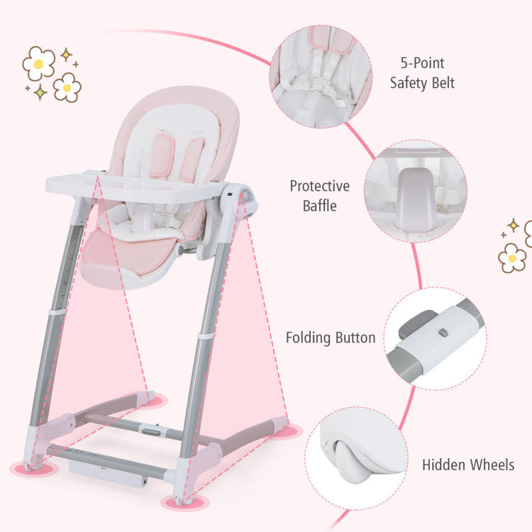 Adjustable Baby Nursery Folding Highchair with Safety Belt and Removable Double Tray