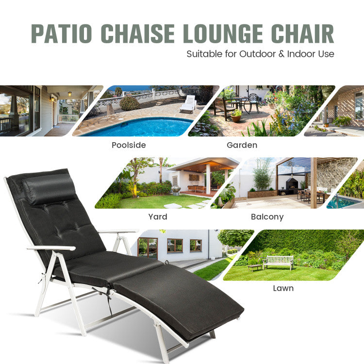 Adjustable Folding Lounge Chair with Pillow for Poolside and Patio