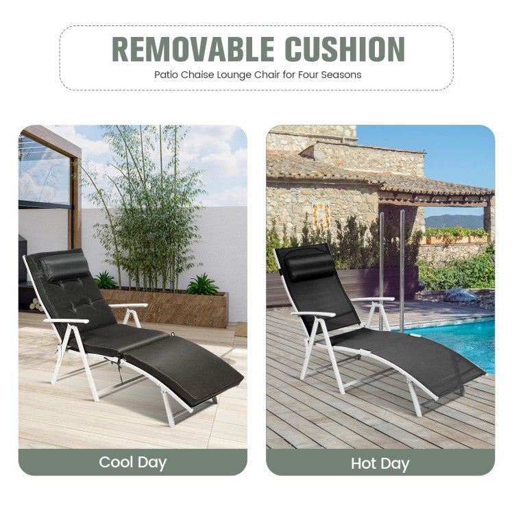 Adjustable Folding Lounge Chair with Pillow for Poolside and Patio