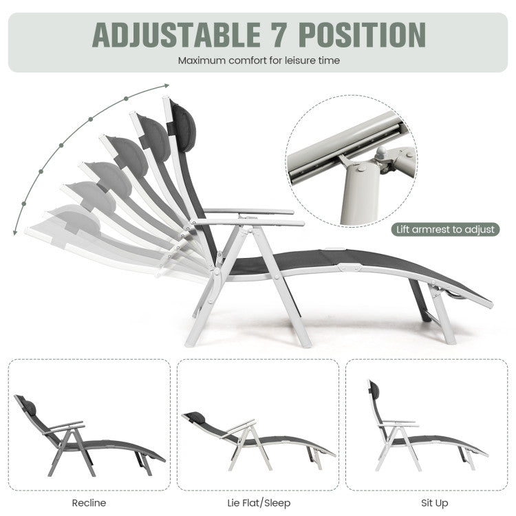 Adjustable Folding Lounge Chair with Pillow for Poolside and Patio