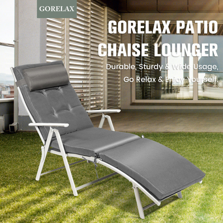 Adjustable Folding Lounge Chair with Pillow for Poolside and Patio