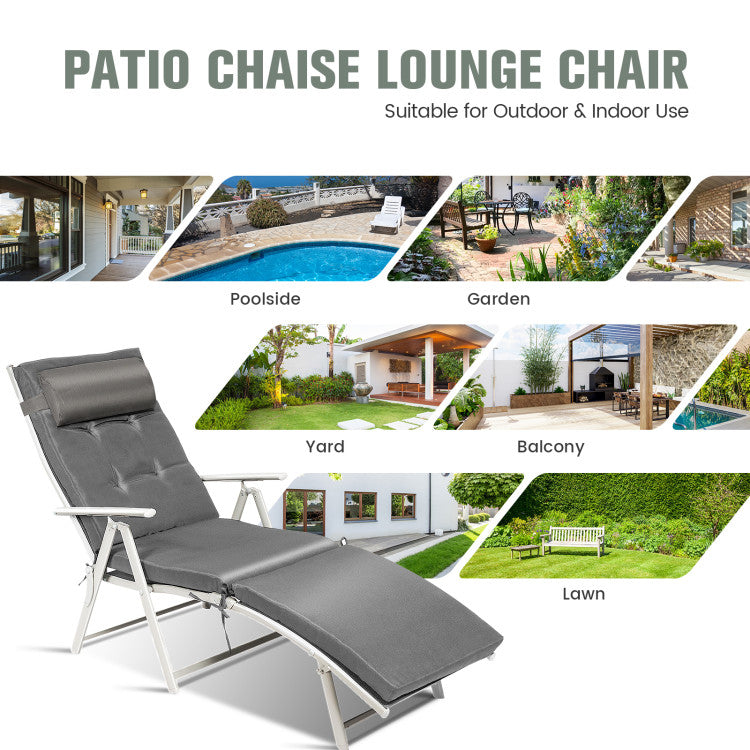 Adjustable Folding Lounge Chair with Pillow for Poolside and Patio