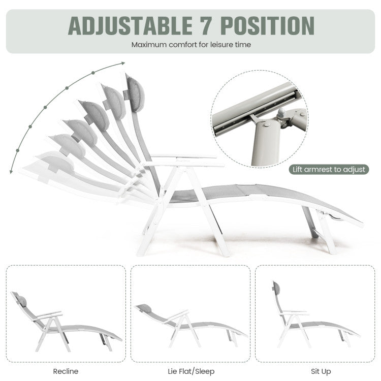 Adjustable Folding Lounge Chair with Pillow for Poolside and Patio