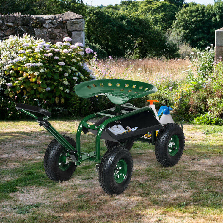 Adjustable Height 360 Swivel Seat Garden Cart with Tool Tray and Removable Basket