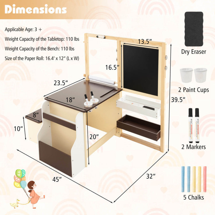 Adjustable Height Kids Art Center Wooden Table Bench Set with Cup holders and Pen Slot