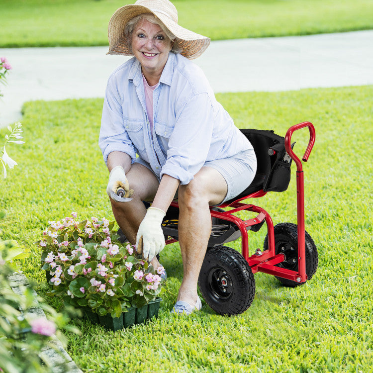 Adjustable Height Rolling Garden Cart Scooter with Storage Basket and Tool Pouch