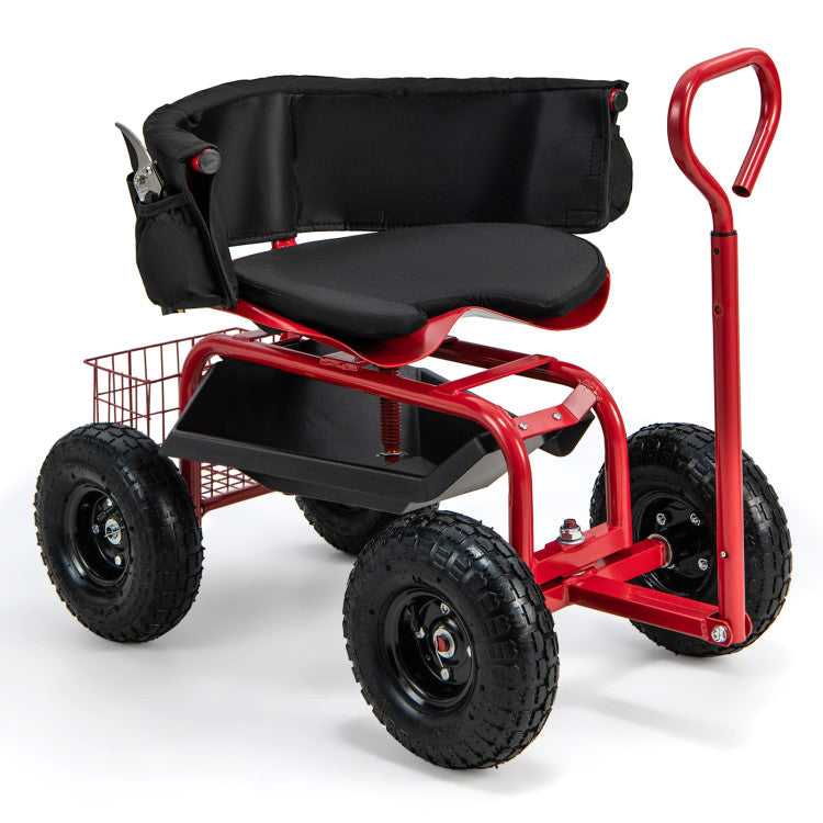 Adjustable Height Rolling Garden Cart Scooter with Storage Basket and Tool Pouch