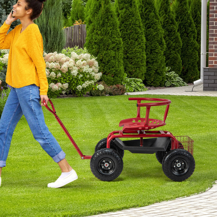 Adjustable Height Rolling Garden Cart Scooter with Storage Basket and Tool Pouch